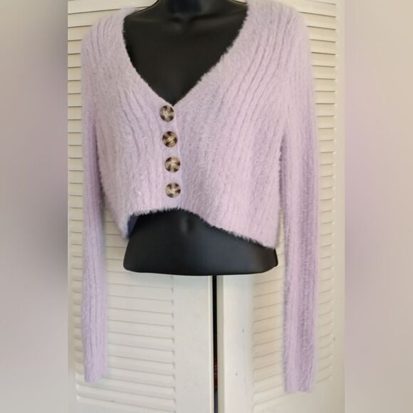 Urban Outfitters Sweaters - Stay Cozy and Stylish with the Rochelle Fuzzy Lilac Cropped Cardigan